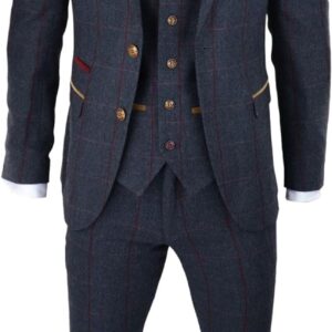 Mens Herringbone Tweed 3 Piece Navy Red Check Suit Vintage 1920s Tailored Fit