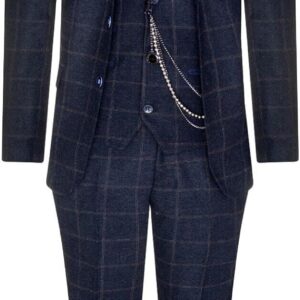 Mens 3 Piece Wool Suit Navy Blue Tweed Check  Formal