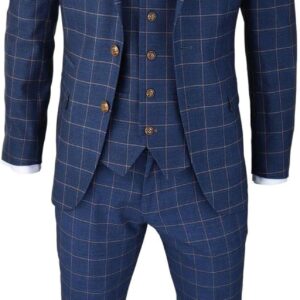 Mens 3 Piece Blue Orange Check Suit Retro Smart Tailored Fit Vintage