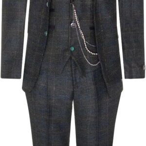 Mens 3 Piece Wool Suit Olive Green Tweed Check  Formal