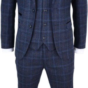 Mens Navy Blue Tweed Check 3 Piece Suit Double Breasted Waistcoat Vintage