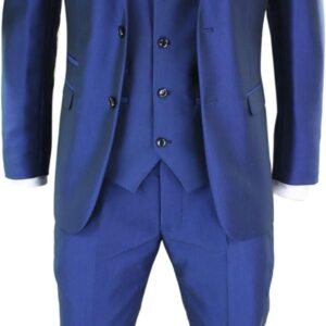 Mens 3 Piece Shiny Blue Wedding Prom Party Suit Tailored Fit Smart Formal