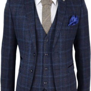 Mens Navy Blue Tweed Check 3 Piece Suit Double Breasted Waistcoat Vintage