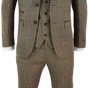 Mens 3 Piece Suit Tweed Check Vintage Retro Tailored Fit 1920s