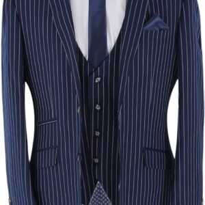 Mens Pinstripe Tailored Fit Navy Blue Suit Formal Business Wedding 3 Piece Set