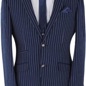 Mens Pinstripe Tailored Fit Navy Blue Suit Formal Business Wedding 3 Piece Set