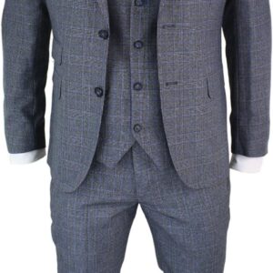 Mens 3 Piece Tailored Fit  Grey Blue Tweed Suit Vintage Retro