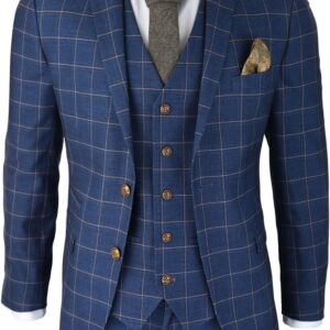 Mens 3 Piece Blue Orange Check Suit Retro Smart Tailored Fit Vintage