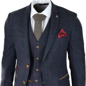 Mens Herringbone Tweed 3 Piece Navy Red Check Suit Vintage 1920s Tailored Fit