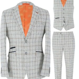 Men’s Suit Slim Fit 3 Piece Ice Blue Tweed Windowpane Check Formal Wedding Prom Dinner Set