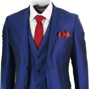 Mens 3 Piece Shiny Blue Wedding Prom Party Suit Tailored Fit Smart Formal