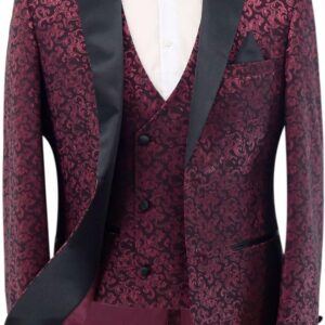 Men’s Patterned Shimmer Tuxedo Suit Groom Burgundy Formal Slim Fit Wedding 3 Piece Set