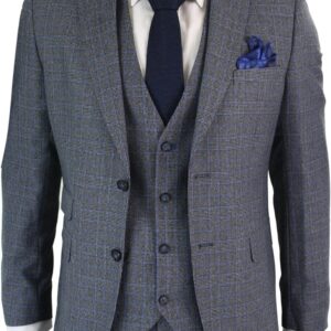 Mens 3 Piece Tailored Fit  Grey Blue Tweed Suit Vintage Retro