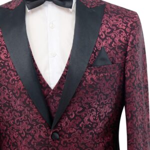 Men’s Patterned Shimmer Tuxedo Suit Groom Burgundy Formal Slim Fit Wedding 3 Piece Set