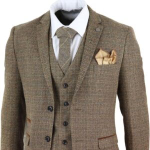 Mens 3 Piece Suit Tweed Check Vintage Retro Tailored Fit 1920s